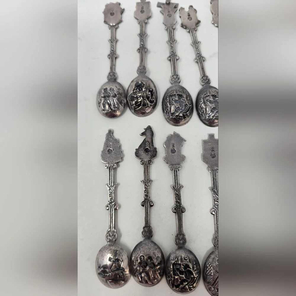Vtg Holland Dutch demitasse mini spoons stamped novelty ornate figural set of 12